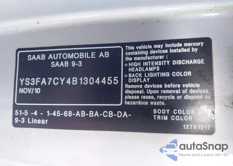 2011 Saab 9-3 from USA, damaged, VIN YS3FA7CY4B1304455